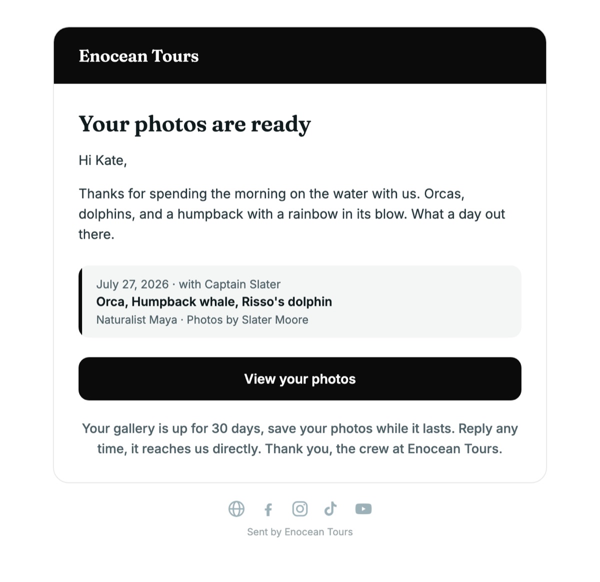 The branded delivery email with a View your photos button