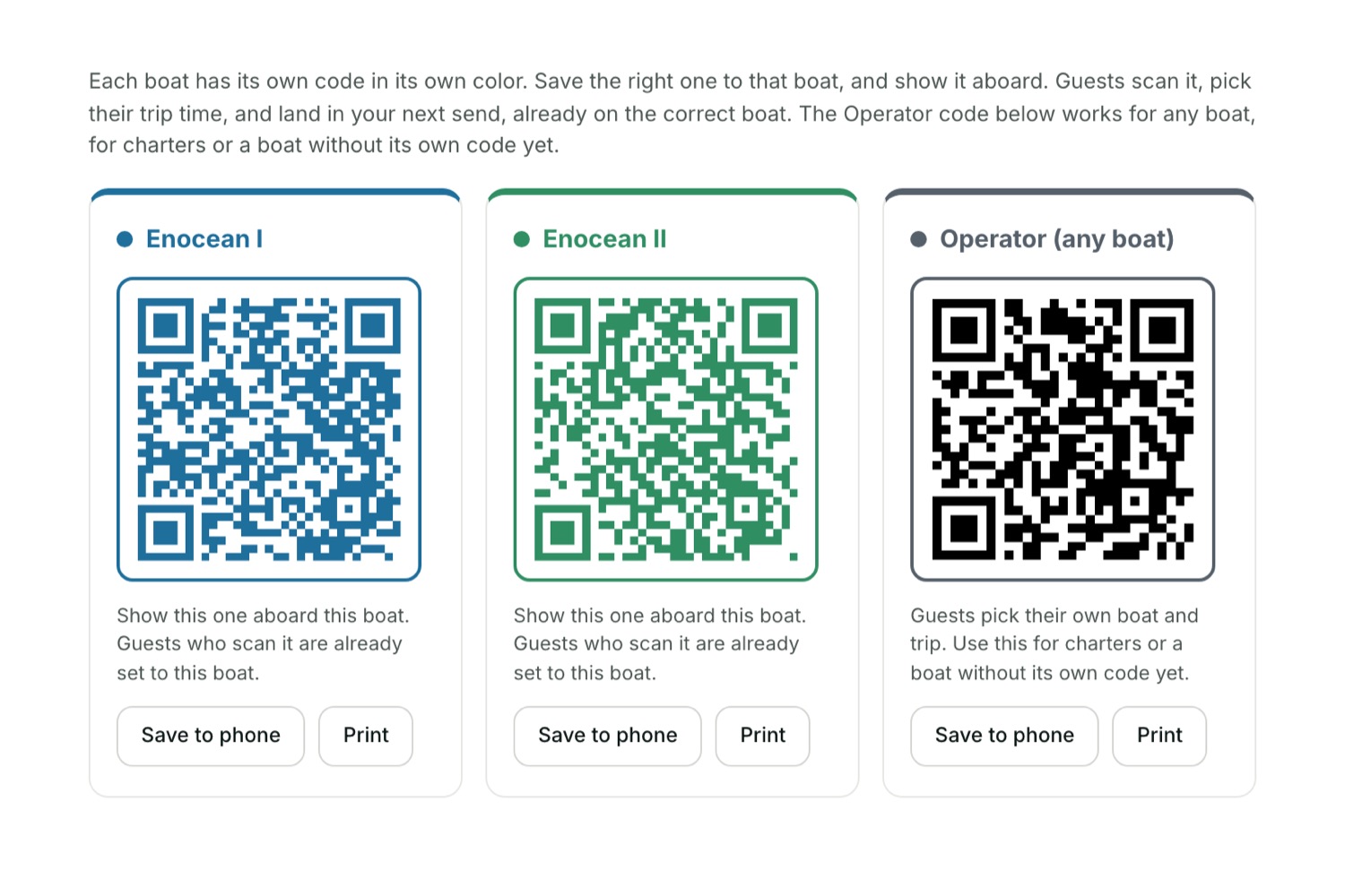 Per-boat guest sign-up QR cards in Flukesend settings, each in its own color