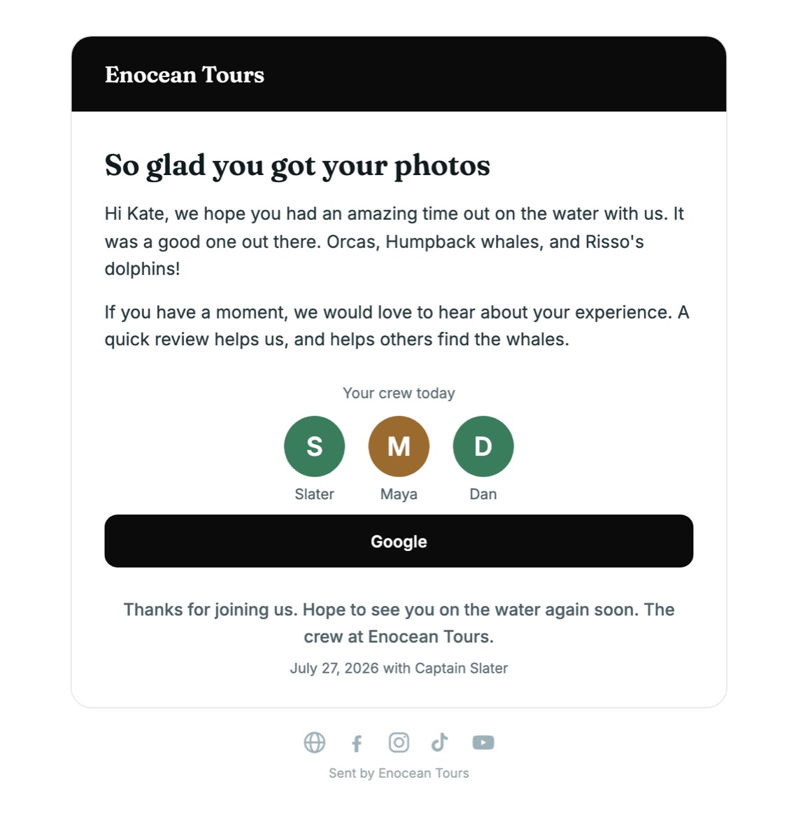 The review ask email showing the crew who ran the trip and a Google review button