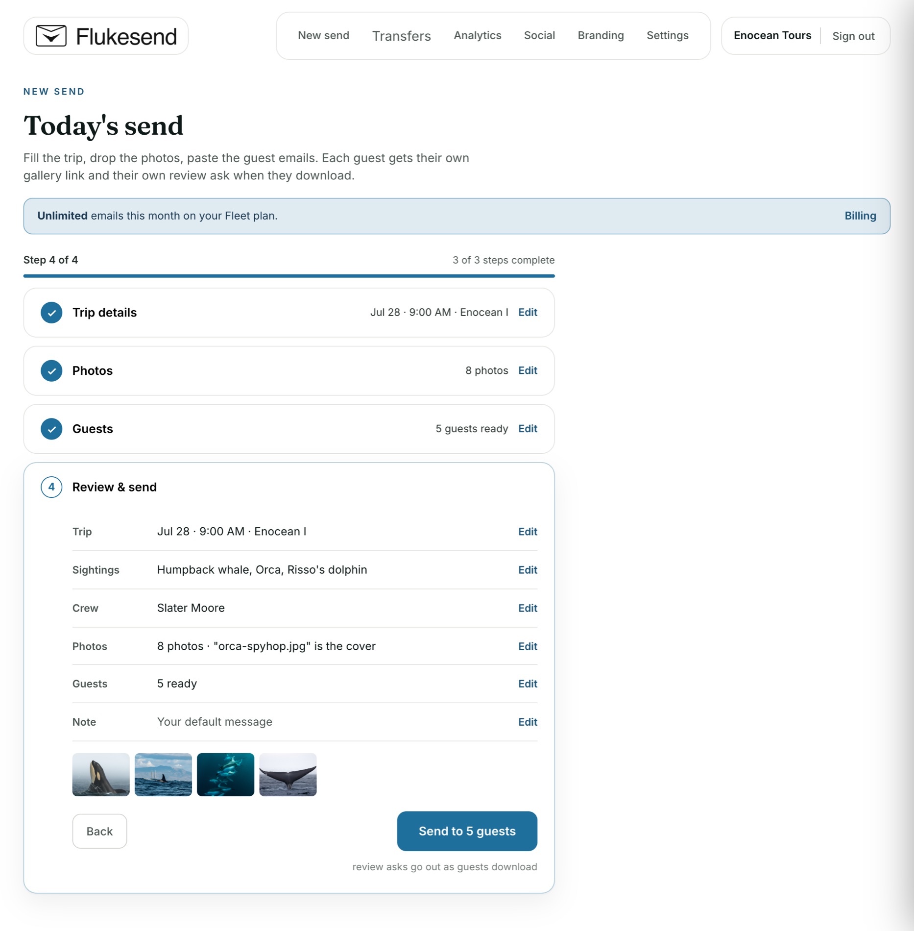 The Flukesend send page: a four step form with trip details, photos, guests, and review