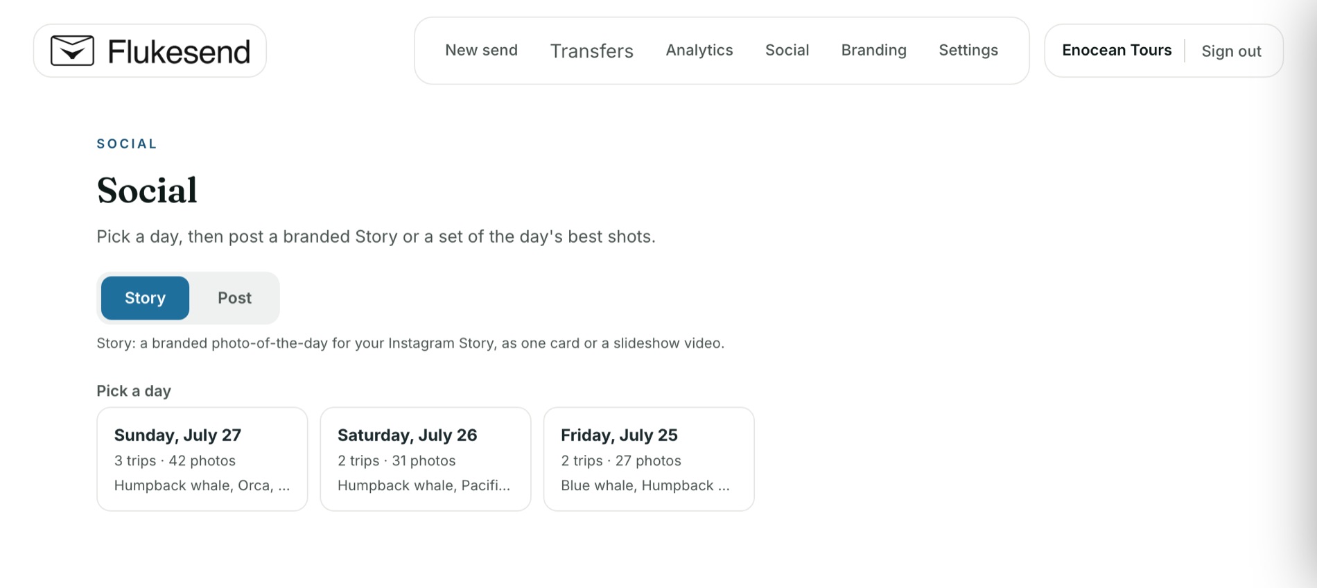 The Social tab in Flukesend, showing recent trip days to build a card from
